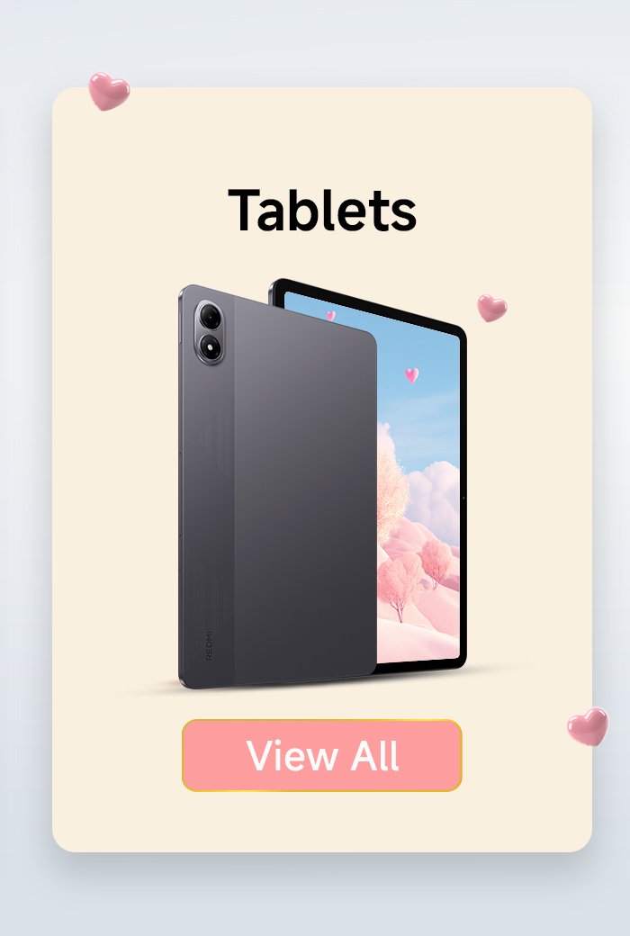 A tablet is displayed with a pink heart-shaped decoration in the background. The top has the word "Tablets" and the bottom features a "View All" button.
