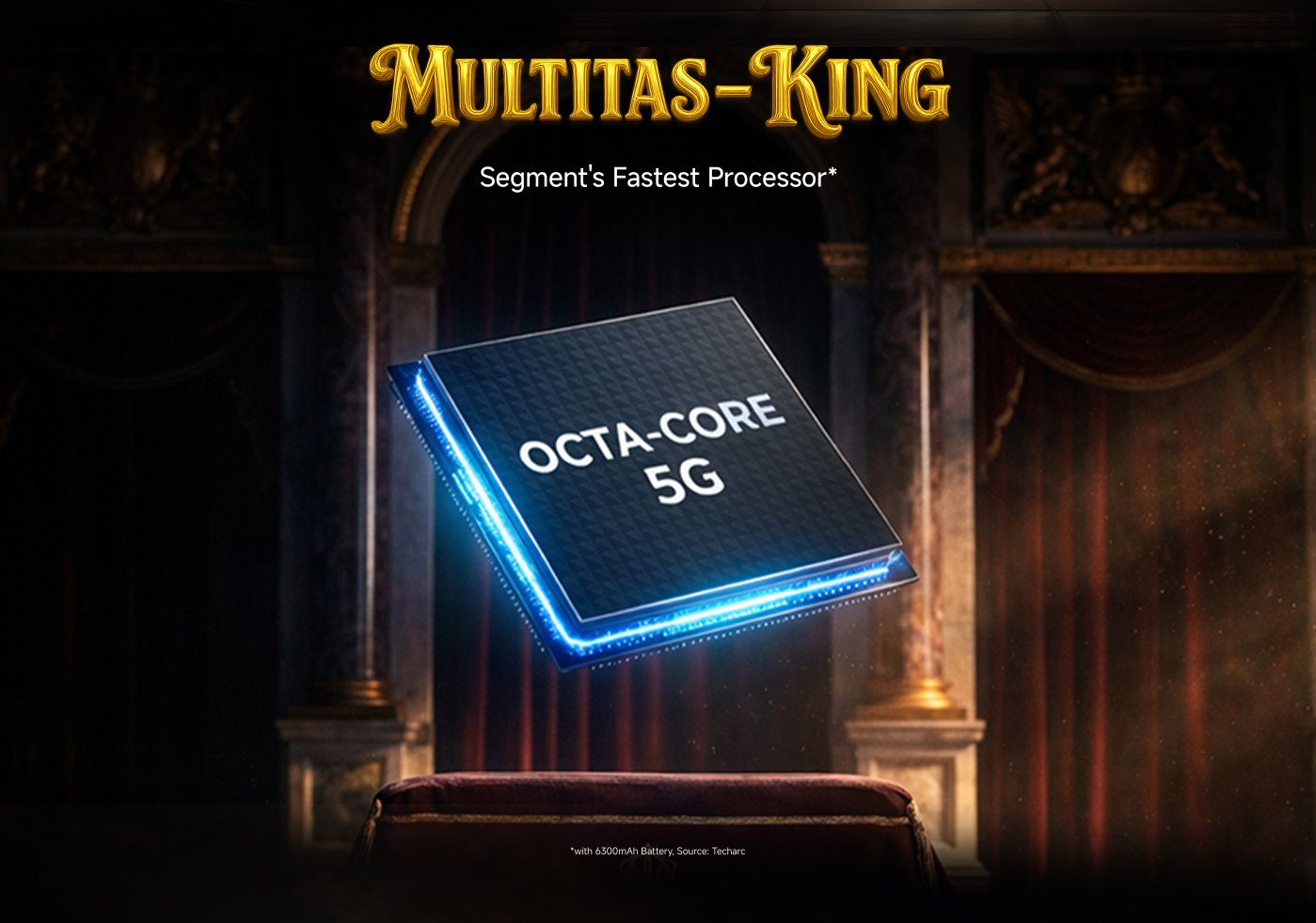 The advertisement showcases a product named "Multitas-King," highlighting it as "the fastest processor in its niche market." The image displays an "octa-core 5G" processor, set against a luxurious and elegant background.