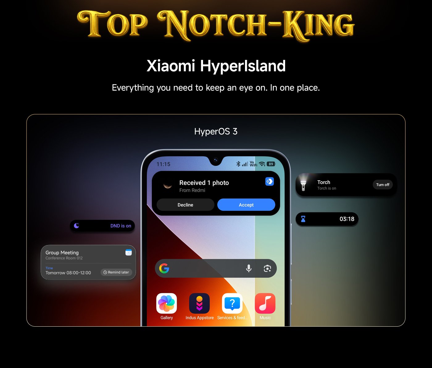 An advertisement featuring the "Multitas-King" processor, highlighting its octa-core and 5G capabilities. The processor is depicted with glowing edges, set against a dramatic background that suggests speed and performance. Text indicates it is the "Segment's Fastest Processor."