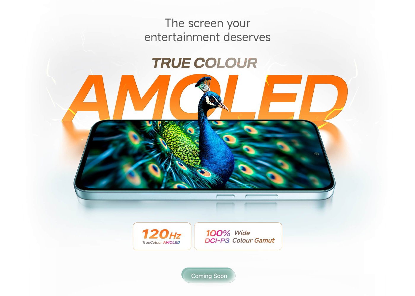 A promotional image highlighting a device with an 8000mAh battery, claiming over 3 days of usage. The slogan "Charge less. Live more." is featured, along with a note that it is "Coming Soon," and a disclaimer about internal lab test data.