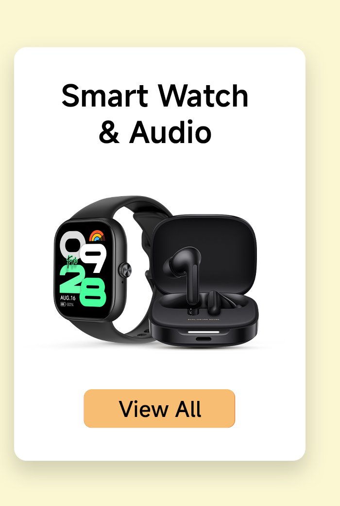 A smart watch and a pair of headphones are showcased, titled "Smart Watch & Audio," with a "View All" button below. The overall design is simple, with a light yellow background.