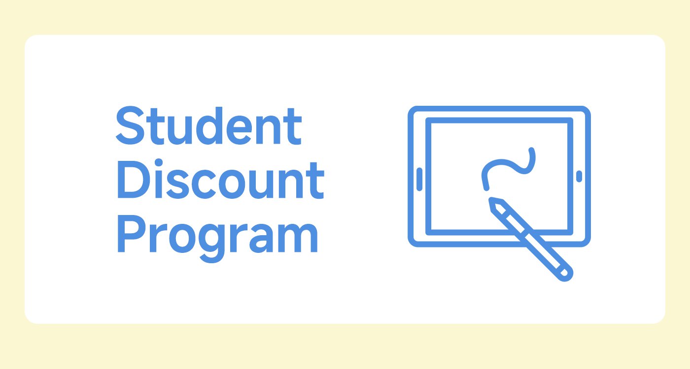 Promotional image for the student discount program, featuring an icon of a tablet and a pen, with a light yellow background.