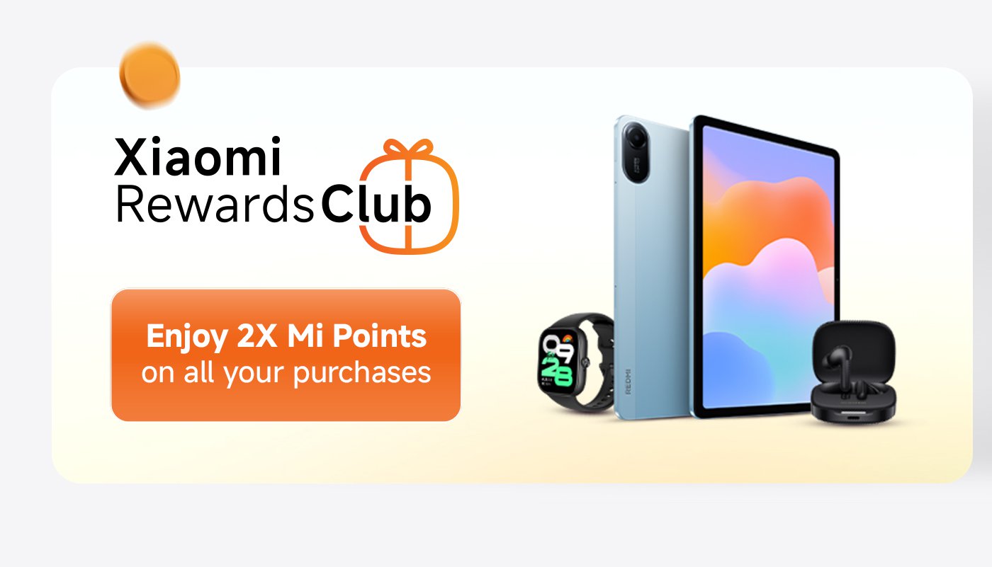 Xiaomi Rewards Club, enjoy double Mi points on all purchases. Showcased smartwatches, tablets, and headphones.