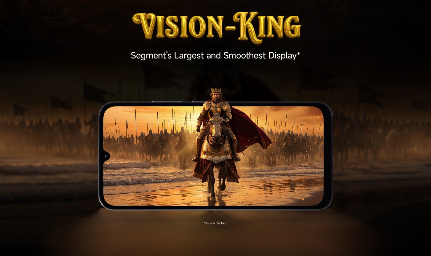 An advertisement featuring the "Multitas-King" processor, highlighting its octa-core and 5G capabilities. The processor is depicted with glowing edges, set against a dramatic background that suggests speed and performance. Text indicates it is the "Segment's Fastest Processor."