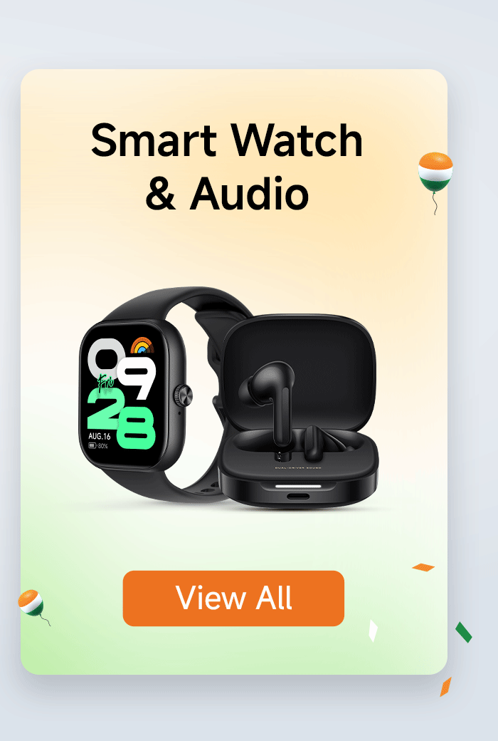 Smartwatch and headphones display, with black headphones and the watch in the picture. There is a "View All" button at the bottom, and the background is gradient colored, adorned with colorful balloons and decorations.