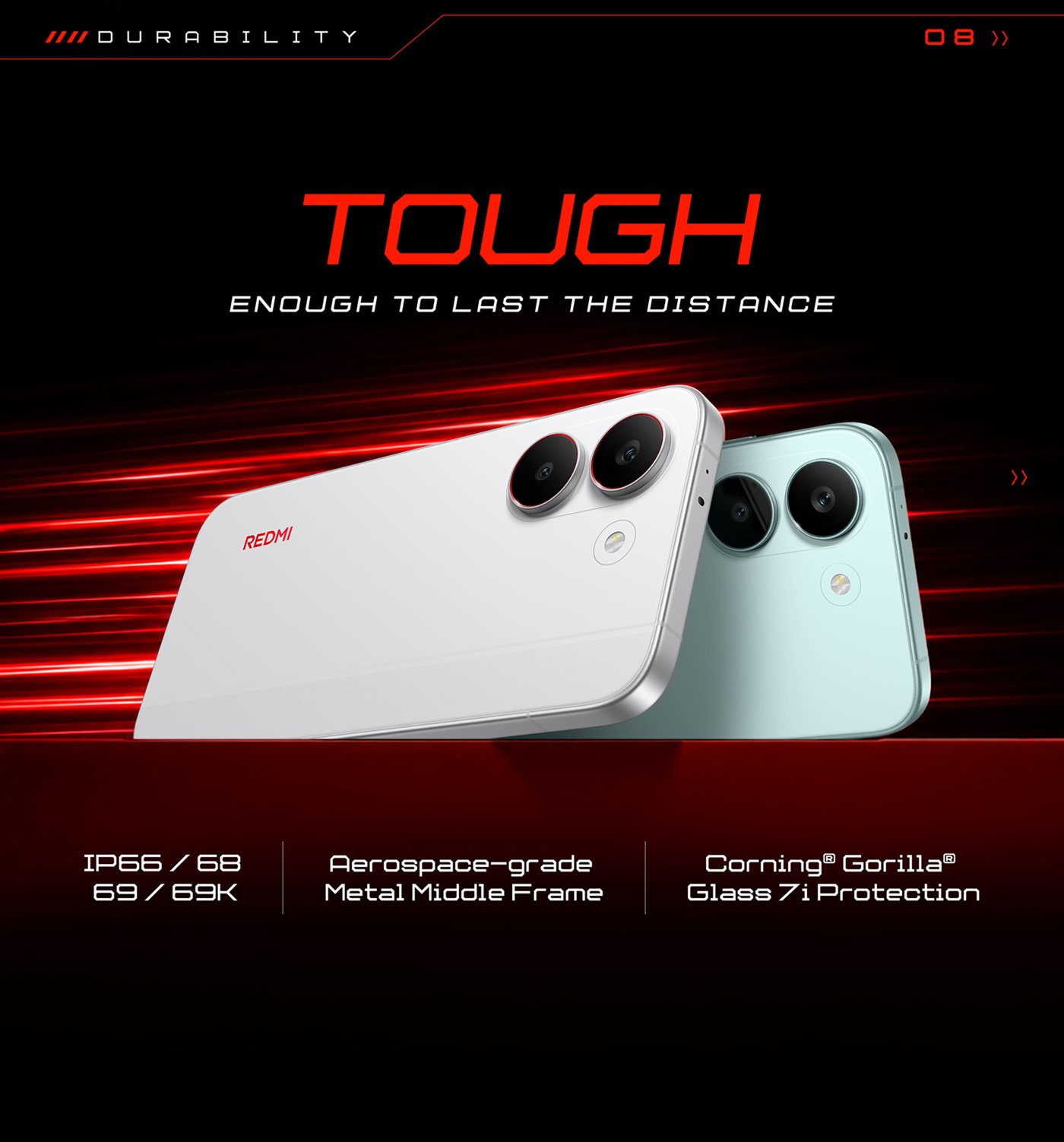 The image features two smartphones, one white and one mint green, showcasing their durability. Key highlights include IP66/68 ratings, an aerospace-grade metal middle frame, and Corning Gorilla Glass 7 protection, emphasizing their toughness and longevity.