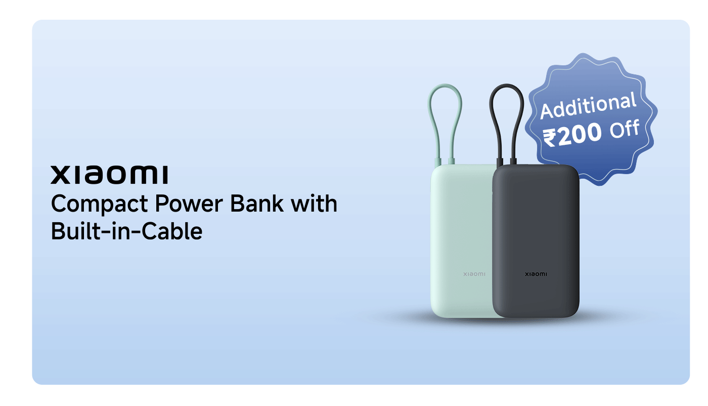 Xiaomi's compact power bank, equipped with a built-in charging cable, showcases two color options: green and black. The image features a label stating "additional offer ₹200".