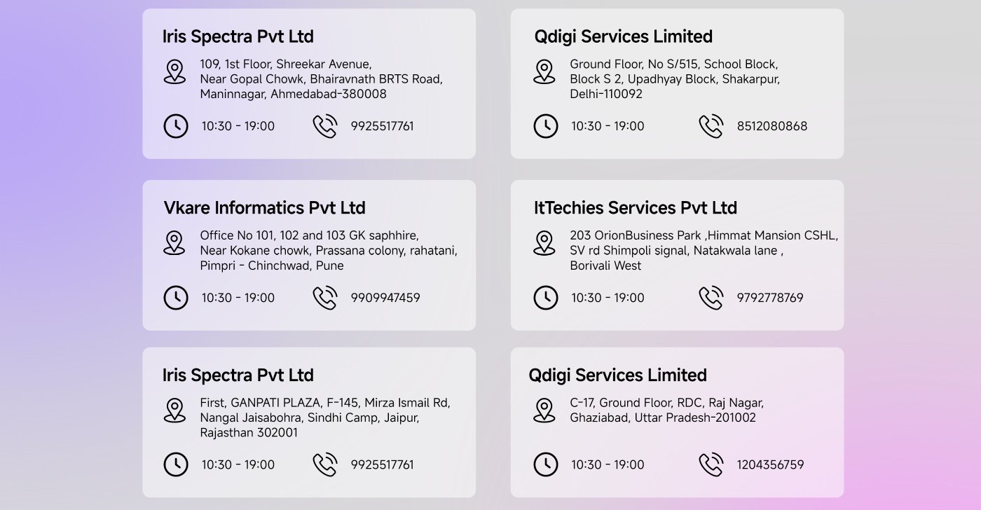 This image displays contact information for several service companies in India. Each entry includes the company name, address, operating hours (10:30 AM - 7:00 PM), and a phone number. The companies listed are:

1. **Vasavi Associates** - Visakhapatnam, Andhra Pradesh
2. **3S Touch Service Solutions PVT LTD** - Bangalore
3. **Infotel Services & Sales PVT LTD** - Kolkata
4. **Run Service Infocare Pvt Ltd** - Kochi
5. **Radiant E Serve** - Chennai

All companies operate from 10:30 AM to 7:00 PM.
