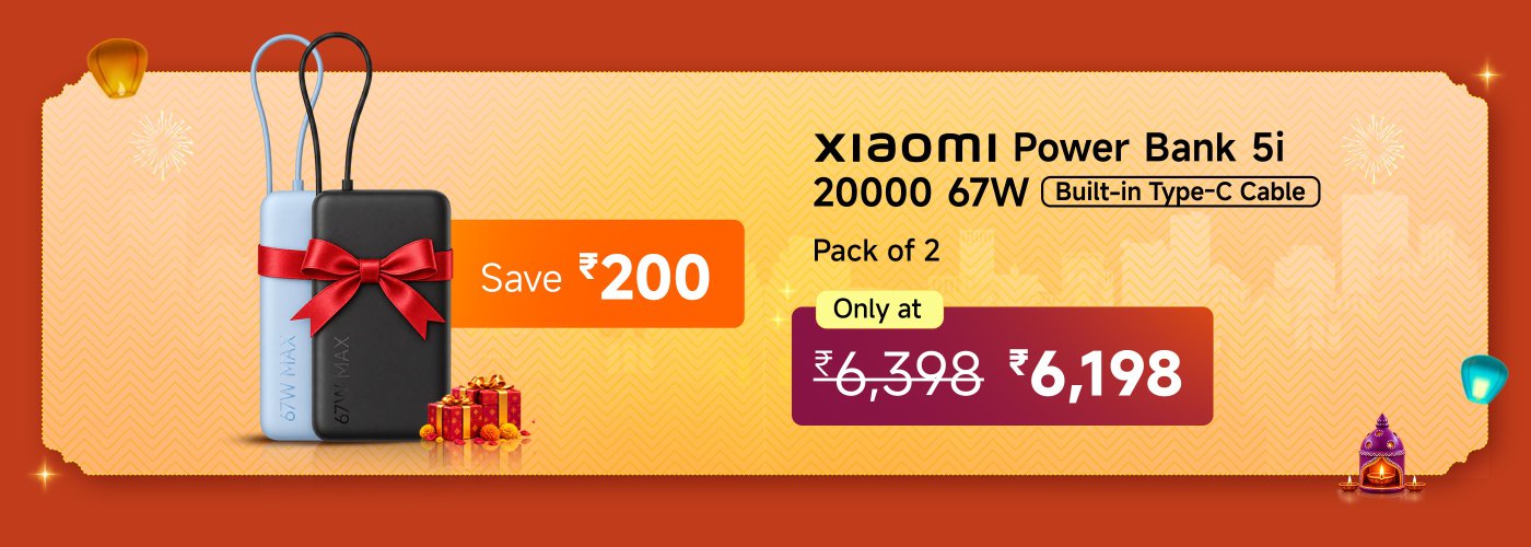 A promotional image for the Xiaomi Power Bank 5i, featuring two power banks (one black and one blue) with a red ribbon. The offer highlights a savings of ₹200, with the original price being ₹6,398, now available for ₹6,198. The power banks have a capacity of 20,000mAh and a 67W output, including a built-in Type-C cable.