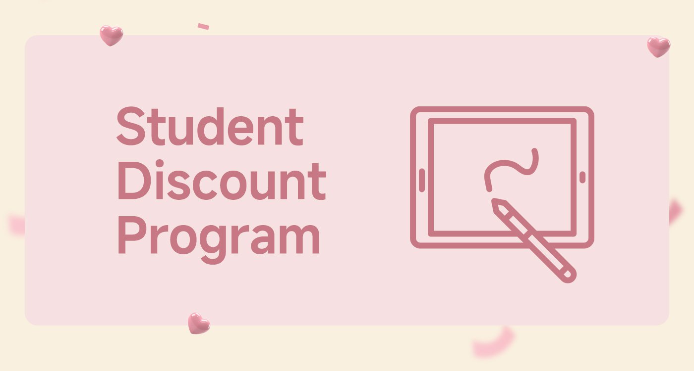 Promotional graphic for the student discount program, with a pink background, featuring the text "Student Discount Program" and an icon of a drawing board and pen. The overall design is lively and suitable for the student demographic.