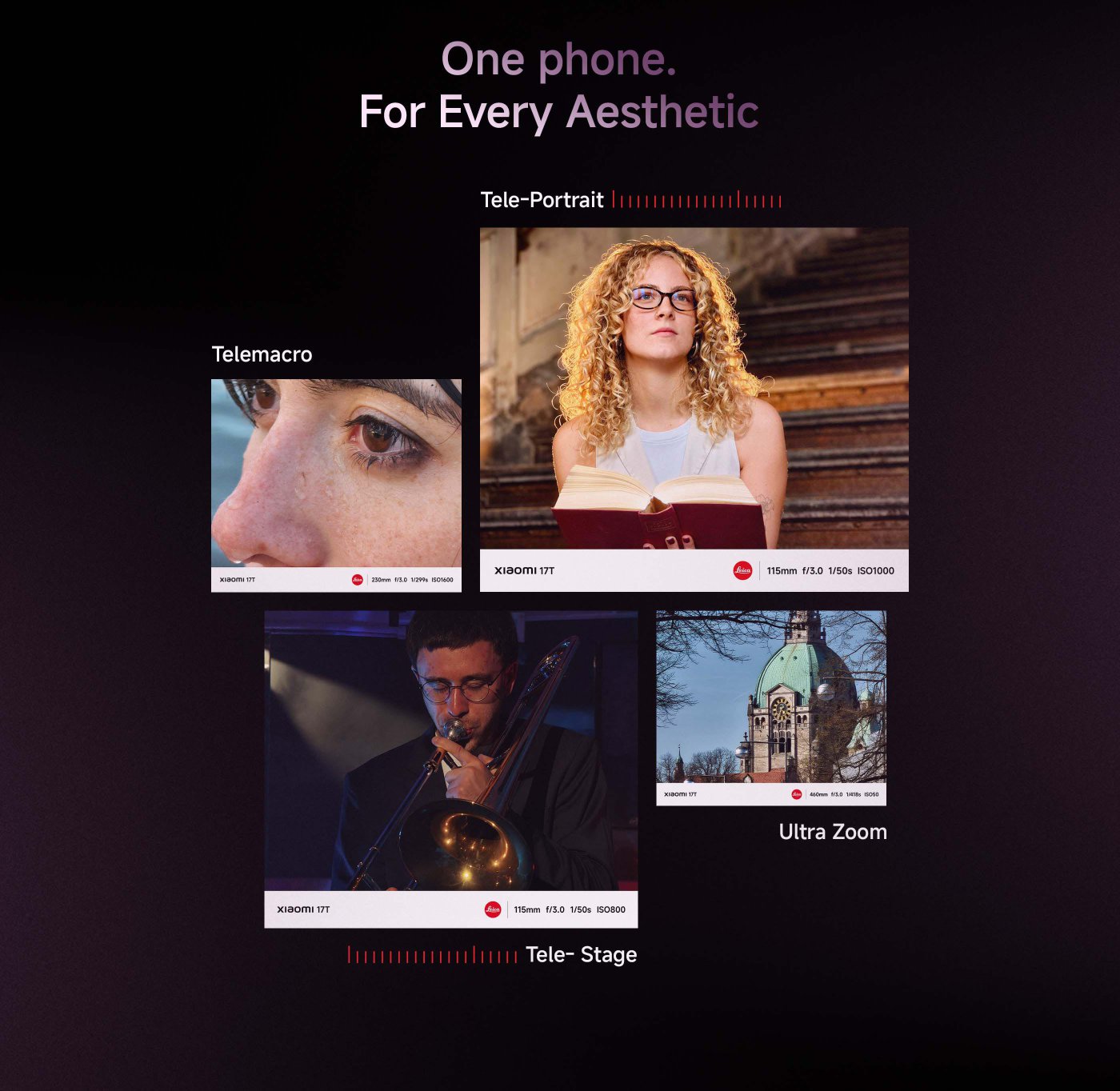 A promotional graphic for a smartphone, featuring three photography styles: "Tele-Portrait," showcasing a person reading; "Ultra Zoom," displaying an architecture image; and "Tele-Stage," likely featuring a performance scene. The text emphasizes versatility in photography with the tagline "One phone. For Every Aesthetic."