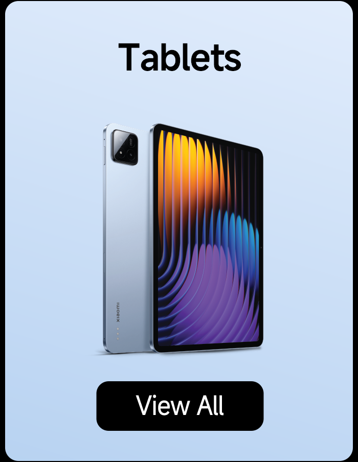 A tablet is displayed, with a silver device on the left side and a tablet with a gradient-colored display on the right side. The top has the word "Tablets," and the bottom features a "View All" button.