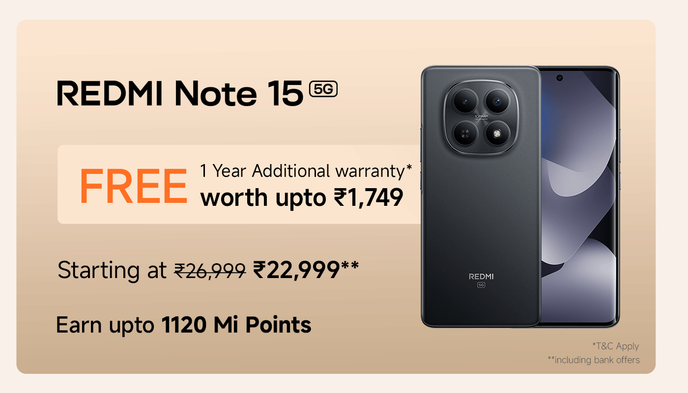 The image features a promotional advertisement for the REDMI Note 15 5G smartphone. It highlights a free 1-year additional warranty worth up to ₹1,749. The phone is priced starting at ₹22,999 (original price ₹26,999) and offers up to 1120 Mi Points upon purchase.