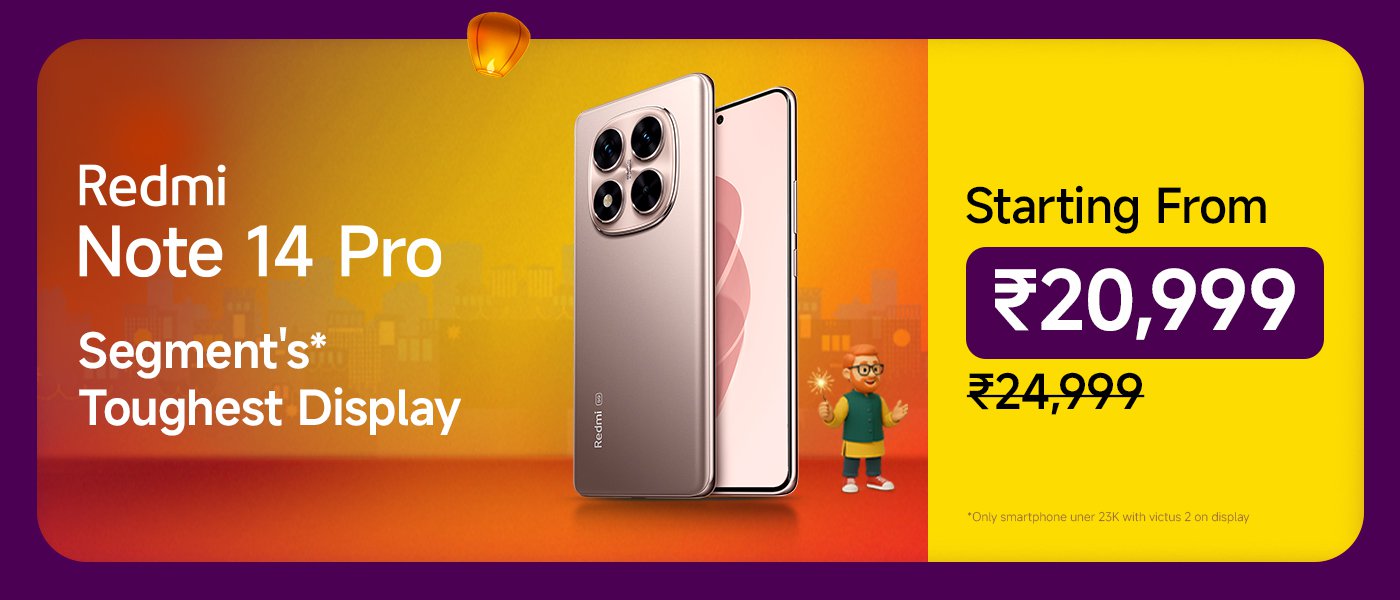 Redmi Note 14 Pro phone, claimed to have the strongest display, priced from ₹20,999, original price ₹24,999. The background is orange, featuring cartoon characters and fireworks patterns.