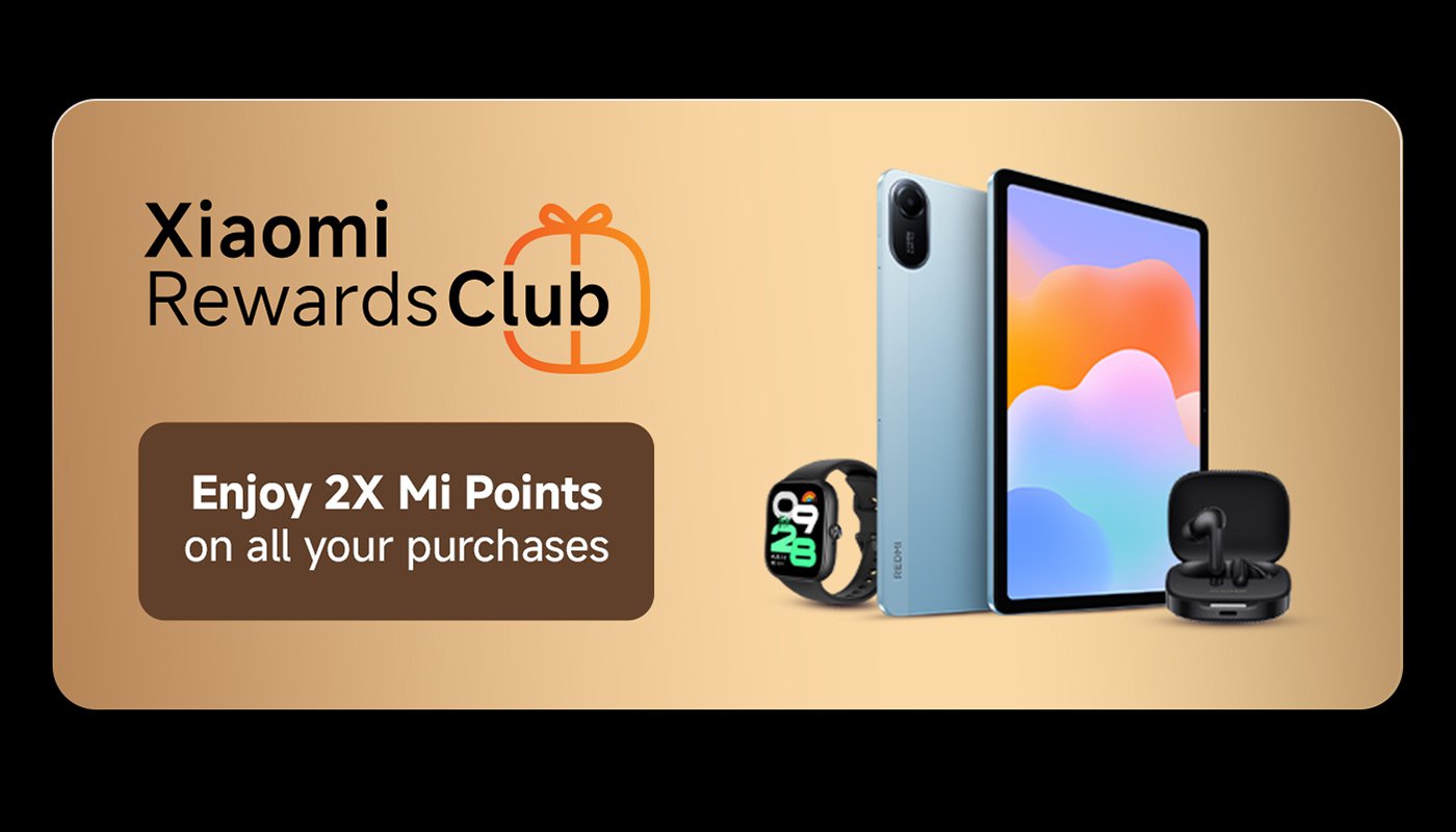 Xiaomi Rewards Club, enjoy double Mi points on all purchases. Showcased are a tablet, a pair of headphones, and a smartwatch.