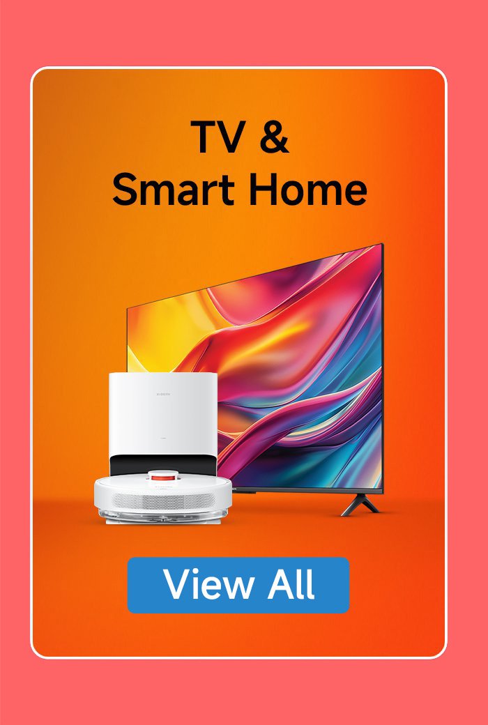 The display of televisions and smart home products includes a large screen television and a smart robotic vacuum cleaner, with an orange background and a "View All" button at the bottom.
