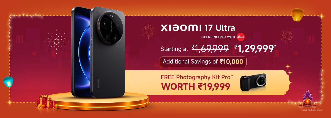 Xiaomi 17 Ultra smartphone promotion, starting price ₹1,29,999, original price ₹1,69,999. Additional discount of ₹10,000, comes with a photography kit worth ₹19,999. The background is decorated for the festival, creating a celebratory atmosphere.