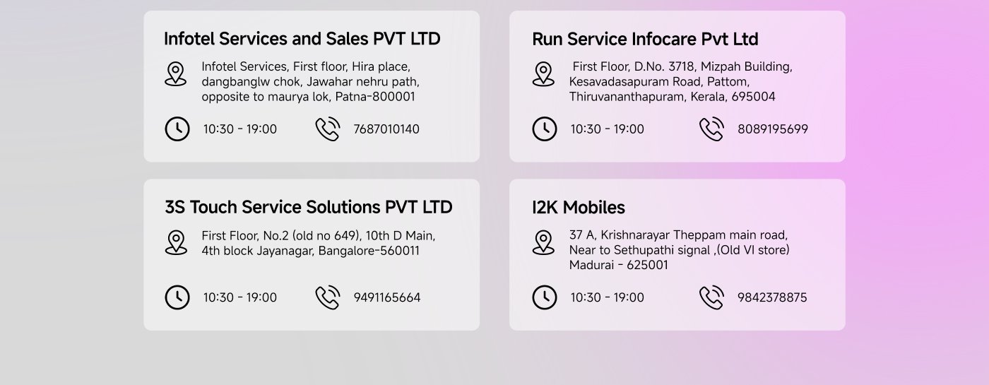 This image displays contact information for several service companies in India. Each entry includes the company name, address, operating hours (10:30 AM - 7:00 PM), and a phone number. The companies listed are:

1. **Vasavi Associates** - Visakhapatnam, Andhra Pradesh
2. **3S Touch Service Solutions PVT LTD** - Bangalore
3. **Infotel Services & Sales PVT LTD** - Kolkata
4. **Run Service Infocare Pvt Ltd** - Kochi
5. **Radiant E Serve** - Chennai

All companies operate from 10:30 AM to 7:00 PM.