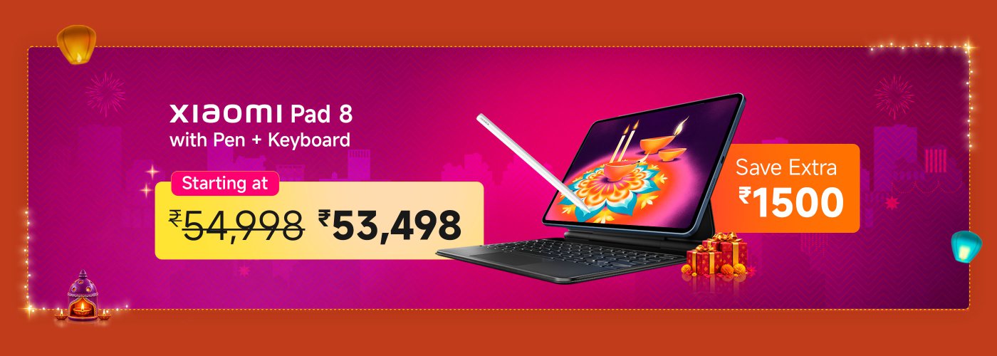 Xiaomi Pad 8 promotion with pen and keyboard, originally priced at ₹54,998, now available for ₹53,498, saving an additional ₹1,500. The background features festive decorations, showcasing festive lanterns and gifts.