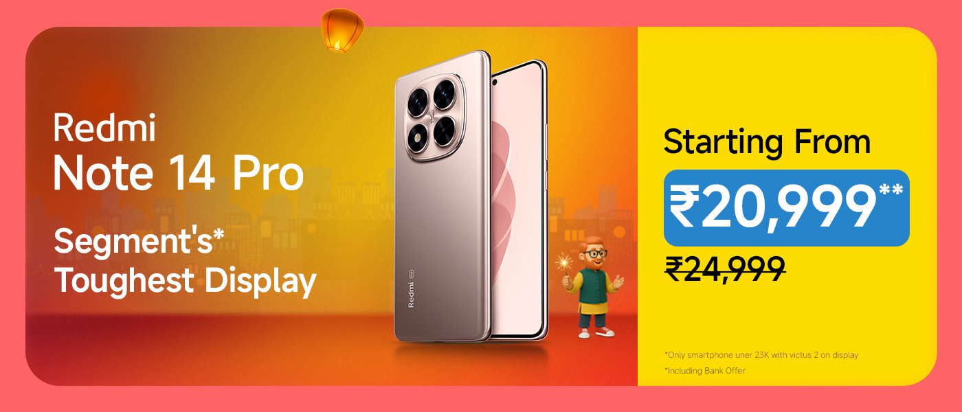 The Redmi Note 14 Pro smartphone boasts the "toughest display in the niche market," with a starting price of ₹20,999, down from the original price of ₹24,999. The background features a vibrant scene of colorful balloons and celebrations.